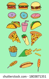 Vector colorful illustrations set. Fast food. burgers, donuts, tacos, milkshake, pizza slices, burrito, fries, hot dog, corn dog. 
American, mexican, italian cuisine