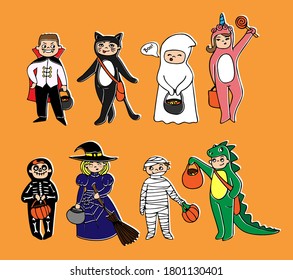 Vector colorful illustrations set. Kids in Halloween costumes. Children dressed like vampire, cat, ghost, unicorn, skeleton, mummy, witch, dragon