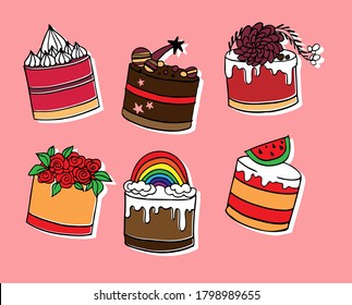 Vector colorful illustrations set. Strawberry and chocolate mini cakes in red and brown colors decorated with cream, glaze, flowers, stars, planets, rainbow and watermelon piece
