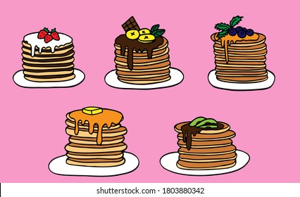 Vector colorful illustrations set. Sweet tasty pancakes with syrup, fruits, berries and chocolate