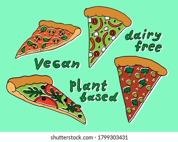 Vector colorful illustrations set. Tasty plant based vegan pizza slices with avocado sauce and different flavors. With 
mushrooms tomatoes greens pepper olives broccoli and tofu