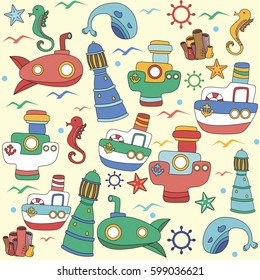 Vector Colorful Illustrration Of the Sea / Ocean World and Underworld In Cartoon Doodle Style