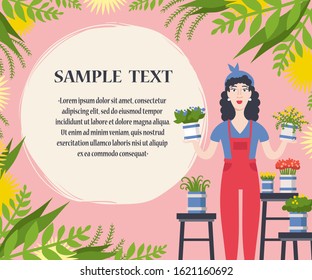 Vector colorful illustrtion on the theme of nature, home garden, caring for home plants. Sranding woman with flowers. Cartoon flat design