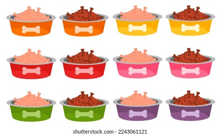 Vector colorful image of bowls for pet food. Feeding cats and dogs. The concept of veterinary care for pets. Design element for applications, website, etc.