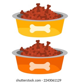 Vector colorful image of bowls for pet food. Feeding cats and dogs. The concept of veterinary care for pets. Design element for applications, website, etc.