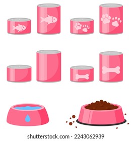 Vector colorful image of canned food with pet food. Feeding cats and dogs. The concept of veterinary care for pets. Design element for applications, website, etc.