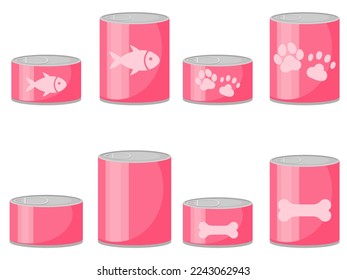 Vector colorful image of canned food with pet food. Feeding cats and dogs. The concept of veterinary care for pets. Design element for applications, website, etc.