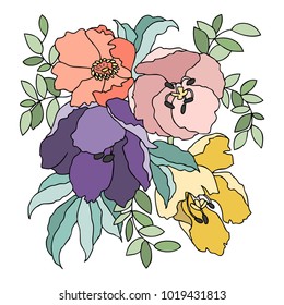 Vector colorful image of flowers and plants isolated on white background