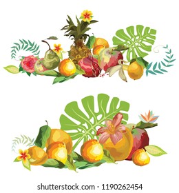 Vector colorful image group of tropical vegetation, fruits (pineapple, pear, Apple, lemon, orange, banana, pomegranate) and flowers. Illustration for art and designe isolated on white background.