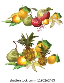 Vector colorful image group of tropical fruits (pineapple, pear, Apple, lemon, orange, banana, pomegranate). Illustration for art and designe isolated on white background.