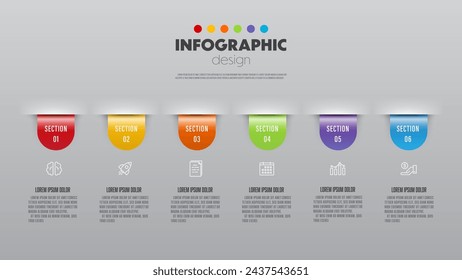 Vector colorful infographic design elements icons, and business concept charts with 6 options, ribbon-shaped and arranged like a chart.