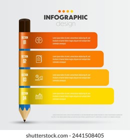 Vector colorful infographic design pencil and label elements including charts, icons, and business concept charts with 4 options.