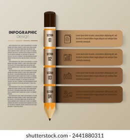 Vector colorful infographic design ribbon wrapped around pencil including charts, icons, and business concept charts with 4 options.