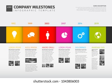 Vektorfarbige Infografik-Berichtsvorlage mit Farbabschnitten, Symbolen, Texten und Fotos
