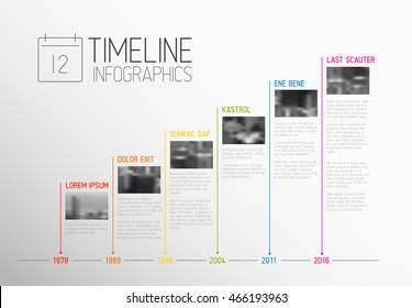 Vector colorful Infographic typographic timeline report template with the biggest milestones, photos, years and description