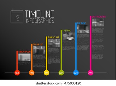 Plantilla de informe de la escala de tiempo tipográfica de color vectorial con los mayores hitos, fotos, años y descripción - versión oscura