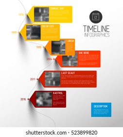 Plantilla de informe de la escala de tiempo tipográfica de color vectorial con los principales hitos, fotos, años y descripción - versión vertical