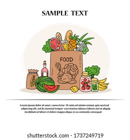 Vector colorful information card on the theme of food delivery, food supply, cooking. Cartoon background for use in design
