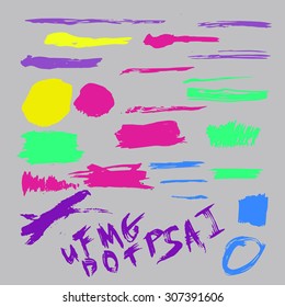 Vector colorful ink brushes set with splatters, circles and letters for banners, cards, invitations. EPS10