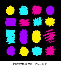 Vector colorful ink and paint  textures set of strokes,spots,circle frames,drops,stains and dashes.Grungy hand drawn elements for your design isolated on black background.