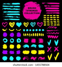 Vector colorful ink and paint  textures set of strokes,spots,circle frames,drops,stains,hearts and dashes.Grungy hand drawn elements for your design isolated on black background.