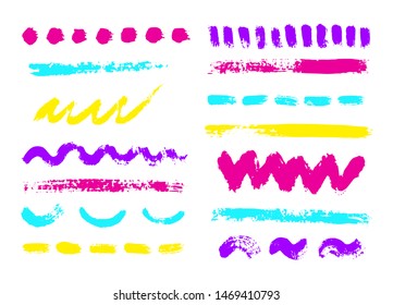 Vector colorful ink and paint  textures set of strokes,spots,drops,stains and dashes.Grungy hand drawn elements for your design isolated on white background.