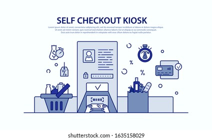 Vector Colorful Instruction For Self Checkout Kiosk At The Grocery Shop. Describing The Necessary Actions Scan, Pack, And Pay. Illustration Flat Thin Line Design, Infographics Elements. EPS 10