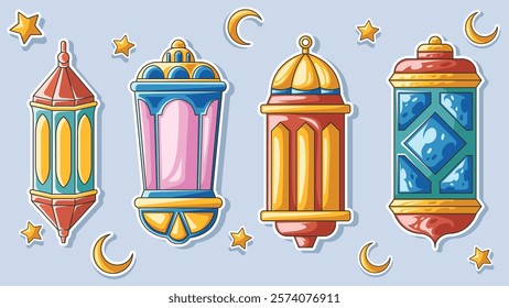 vector colorful Islamic lantern, Ramadan, moon, stars