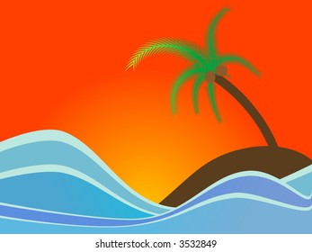Vector - isla colorida con un cocotero en el océano.