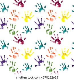 Vector Colorful Isolated Children Hand Prints - Seamless Pattern. Tolerance And Happy Family Abstract Concept. Kids Artwork Seamless Background. School And Creative Happy Education Backdrop Design. 