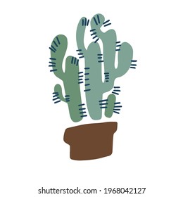 Vector colorful isolated design illustration with decorative green cartoon cactus in pot. Cute decorative design. Perfect for decorations, stickers, cards, postcards, banners, posters