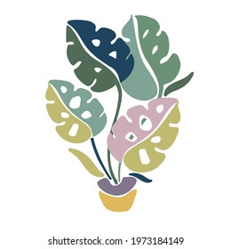 Vector colorful isolated design illustration with decorative green cartoon home plant in pot. Cute decorative design. Perfect for decorations, stickers, cards, postcards, banners, posters