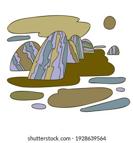 Vector colorful isolated design of night abstract landscape with stones in dull tones. Lined illustration on white background. Perfect for cards, postcards, advertisements, stickers, badges.