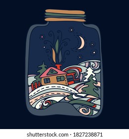 Vector colorful isolated illustration of winter night landscape with a house in jar on dark blue background. The design is perfect for cards, invitations, stickers, banners, postcards, advertisements