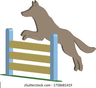 Vector Colorful Isometric Icon Of Brown Dog Jumping Over Hurdle For Agility Training, Isolated On White Background