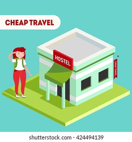 Vector colorful isometric illustration with hostel building and traveler girl