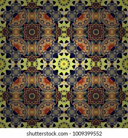 Vector colorful kaleidoscopic seamless pattern for textile, ceramic tiles, wallpapers and fabric. Traditional ethnic background in yellow, black and orange colors.