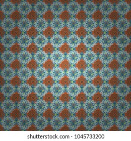 Vector colorful kaleidoscopic seamless pattern for textile, ceramic tiles, wallpapers and fabric. Traditional ethnic background in orange, green and blue colors.