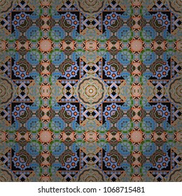Vector colorful kaleidoscopic seamless pattern for textile, ceramic tiles, wallpapers and fabric. Traditional ethnic background in beige, gray and blue colors.
