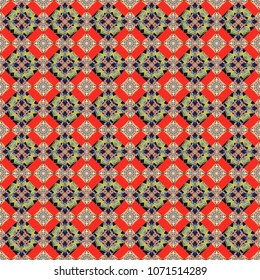 Vector colorful kaleidoscopic seamless pattern for textile, ceramic tiles, wallpapers and fabric. Traditional ethnic background in green, red and brown colors.