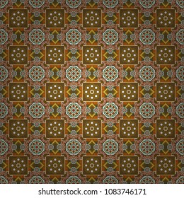 Vector colorful kaleidoscopic seamless pattern for textile, ceramic tiles, wallpapers and fabric. Traditional ethnic background in green, orange and brown colors.