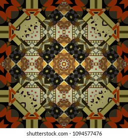Vector colorful kaleidoscopic seamless pattern for textile, ceramic tiles, wallpapers and fabric. Traditional ethnic background in black, yellow and brown colors.
