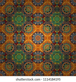 Vector colorful kaleidoscopic seamless pattern for textile, ceramic tiles, wallpapers and fabric. Traditional ethnic background in yellow, orange and blue colors.