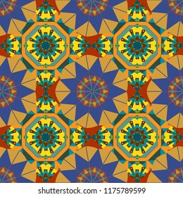 Vector colorful kaleidoscopic seamless pattern for textile, ceramic tiles, wallpapers and fabric. Traditional ethnic background in brown, orange and gray colors.