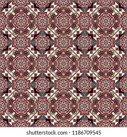 Vector colorful kaleidoscopic seamless pattern for textile, ceramic tiles, wallpapers and fabric. Traditional ethnic background in purple, pink and brown colors.