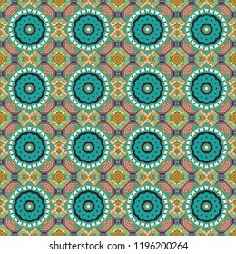 Vector colorful kaleidoscopic seamless pattern for textile, ceramic tiles, wallpapers and fabric. Traditional ethnic background in gray, blue and green colors.