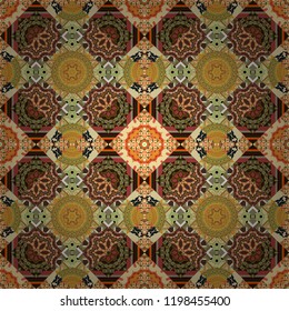 Vector colorful kaleidoscopic seamless pattern for textile, ceramic tiles, wallpapers and fabric. Traditional ethnic background in yellow, gray and brown colors.