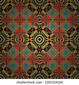 Vector colorful kaleidoscopic seamless pattern for textile, ceramic tiles, wallpapers and fabric. Traditional ethnic background in brown, orange and yellow colors.