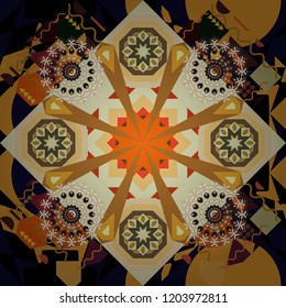 Vector colorful kaleidoscopic seamless pattern for textile, ceramic tiles, wallpapers and fabric. Traditional ethnic background in black, beige and yellow colors.