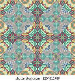 Vector colorful kaleidoscopic seamless pattern for textile, ceramic tiles, wallpapers and fabric. Traditional ethnic background in green, blue and gray colors.